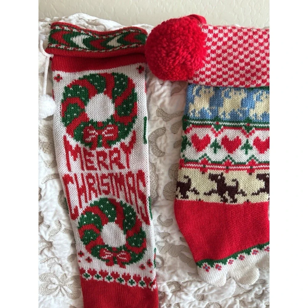 3 Vintage CHRISTMAS Stockings knit Dog, Santa/Carolers/Toys Merry Christmas 1960